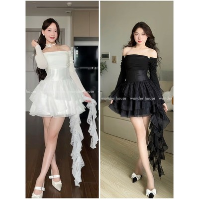 Richie Dress Wonderhouse Đầm trễ vai tay dài dáng xòe tua rua chất vải dày dặn dự tiệc, dạo phố sang trọng