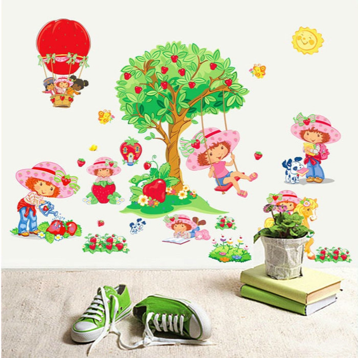Hình decal dán tường, tủ, bàn học cô bé dâu tây