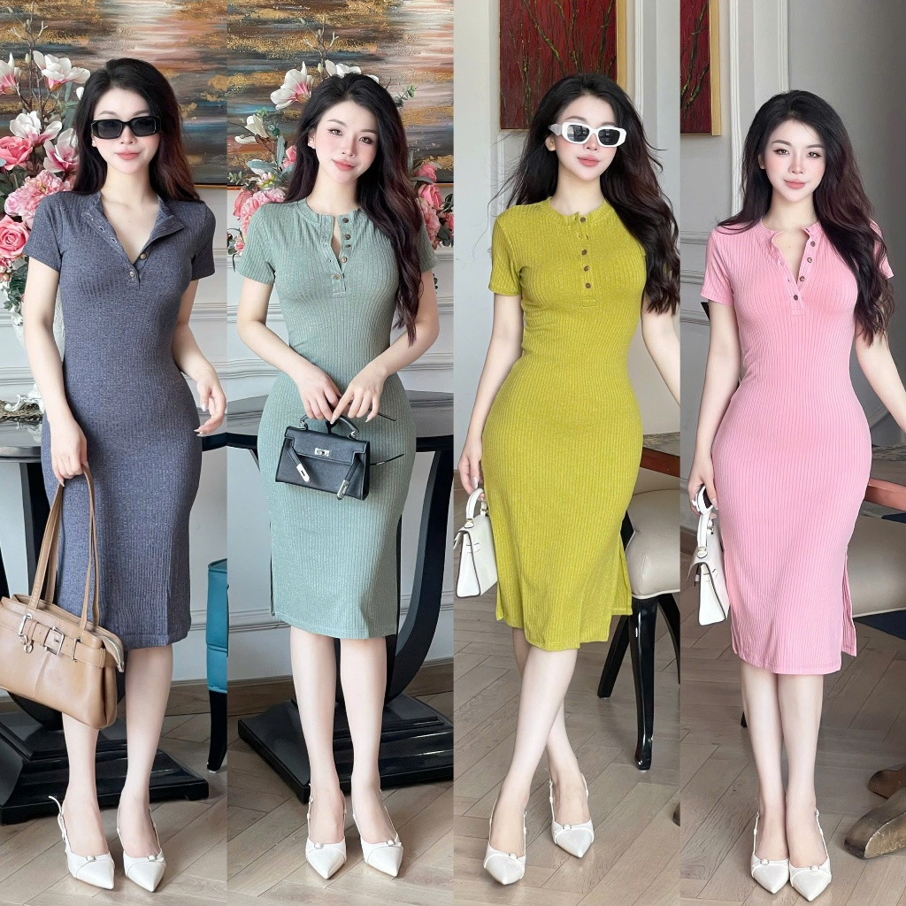 Đầm Body Tay Ngắn Cổ Trụ Xẻ Tà Dáng ôm Ngắn Trên Gối, Váy Body Vải Đũa Lạnh Quảng Châu mặc mát mẻ AN
