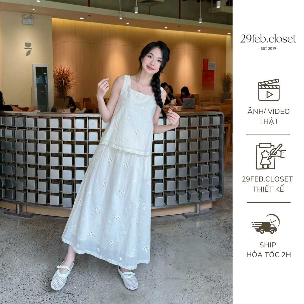 Set Áo Váy Thô Boi Thêu Hoa Hai Dây Buộc Nơ Lưng Kèm Chân Váy Dáng Dài - Váy Mùa Hè Đi Biển - 29feb.closet - S277 | BigBuy360 - bigbuy360.vn