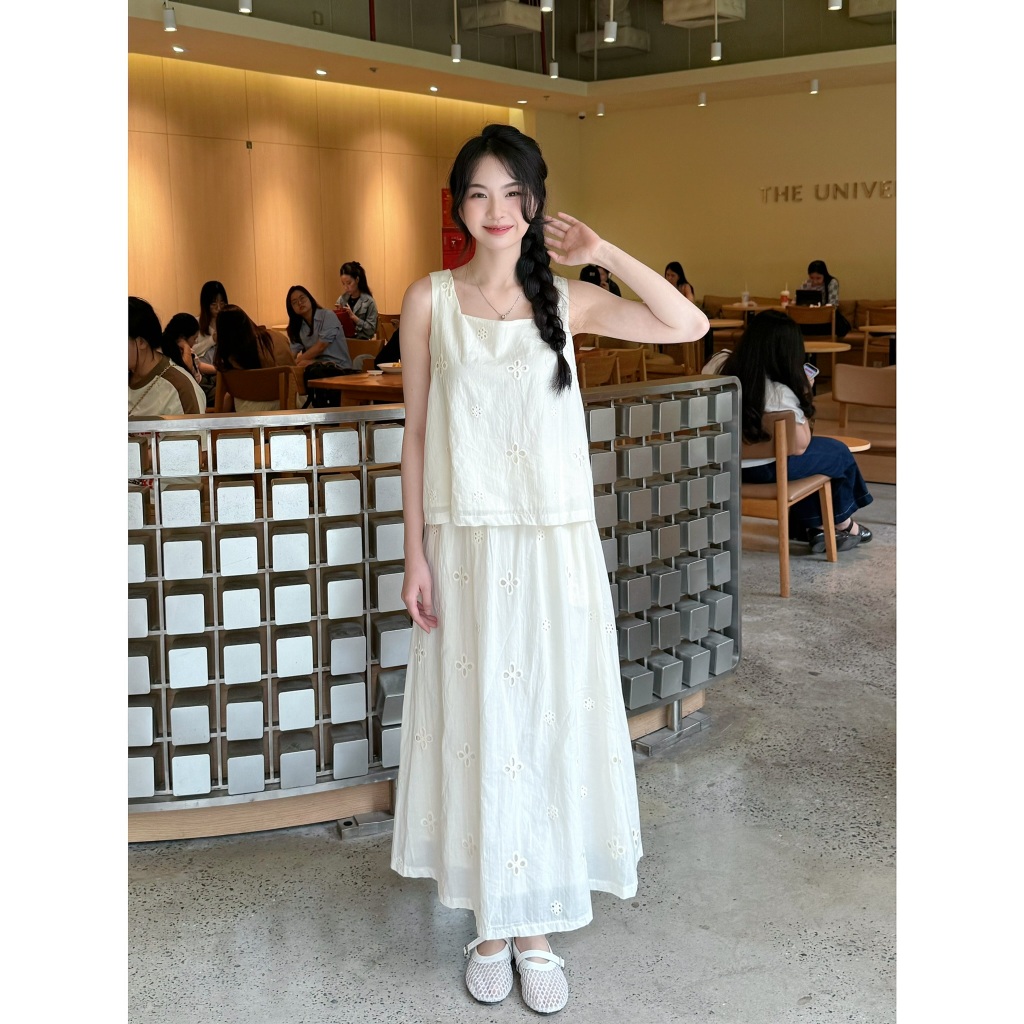 Set Áo Váy Thô Boi Thêu Hoa Hai Dây Buộc Nơ Lưng Kèm Chân Váy Dáng Dài - Váy Mùa Hè Đi Biển - 29feb.closet - S277 | BigBuy360 - bigbuy360.vn