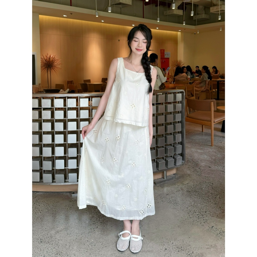 Set Áo Váy Thô Boi Thêu Hoa Hai Dây Buộc Nơ Lưng Kèm Chân Váy Dáng Dài - Váy Mùa Hè Đi Biển - 29feb.closet - S277 | BigBuy360 - bigbuy360.vn