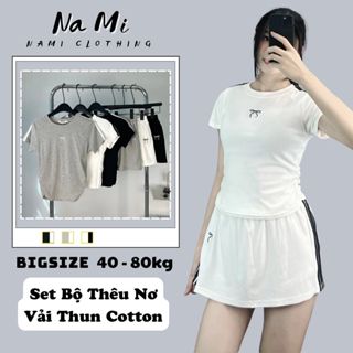  Set đồ nữ thêu nơ vải thun Cotton mềm dúm eo BigSize Sét bộ nữ thêu nơ chân váy có lót trong NaMi 297 
