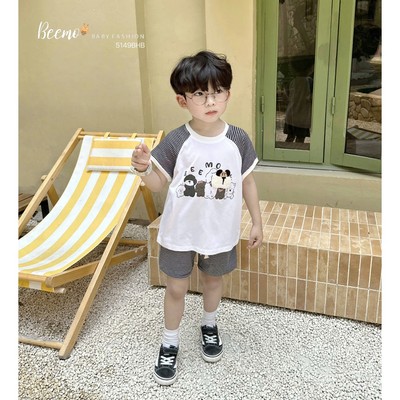 Set bộ cộc tay Beemo raglan kẻ ngang thêu hình dễ thương vải cotton thoáng mát cho bé trai từ 9-24kg 5149BHB