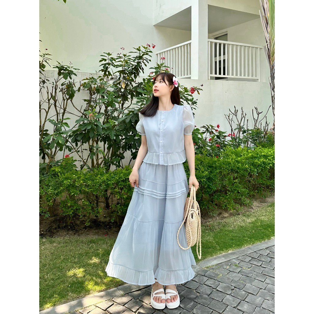Set Áo Ngắn Tay Kèm Chân Váy Tầng Dáng Dài Xòe Nhẹ Nhàng Sang Chảnh Chất Tơ Sần - 29feb.closet - S166 | BigBuy360 - bigbuy360.vn
