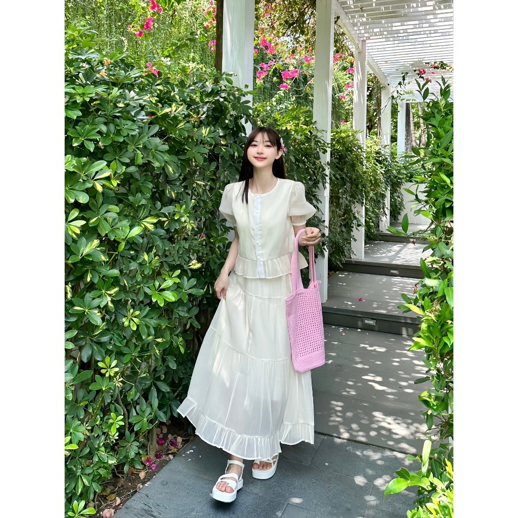 Set Áo Ngắn Tay Kèm Chân Váy Tầng Dáng Dài Xòe Nhẹ Nhàng Sang Chảnh Chất Tơ Sần - 29feb.closet - S166 | BigBuy360 - bigbuy360.vn