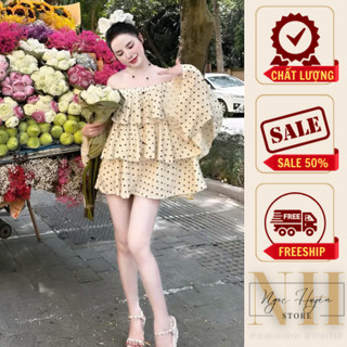  Váy trễ vai chấm bi tầng siu sang chảnh Đầm nữ hở vai babydoll tiểu thư siu xinh Ngọc Huyền Store 