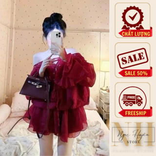 Váy Trễ Vai Bánh Bèo Đính Hoa Tay NGOCHUYENSTORE Đầm Bánh Bèo Chất Vải Tơ 3 Màu Cao Cấp Đi Biển