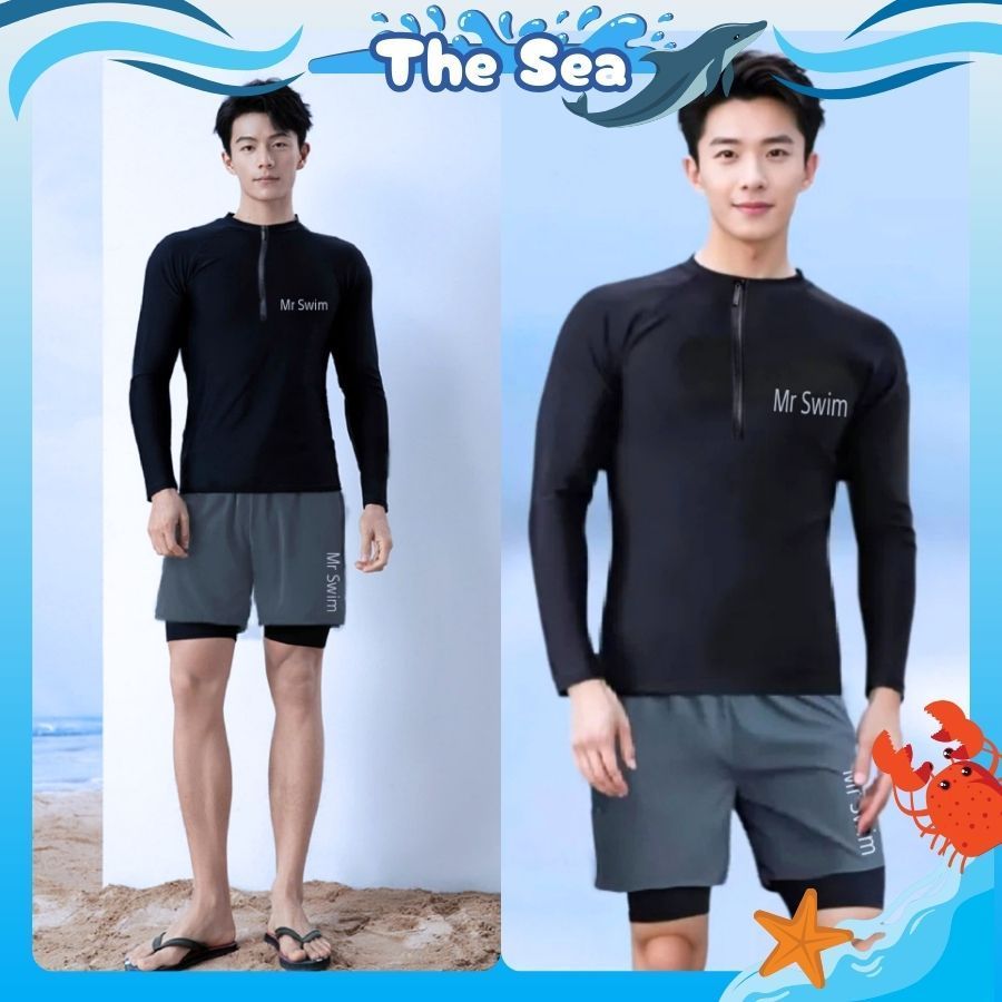 Đồ bơi nam size M - 3XL áo tay dài & tay ngắn có khóa zip kéo bộ đi biển quần đùi 2 lớp nguyên bộ màu đen The sea 044 | BigBuy360 - bigbuy360.vn