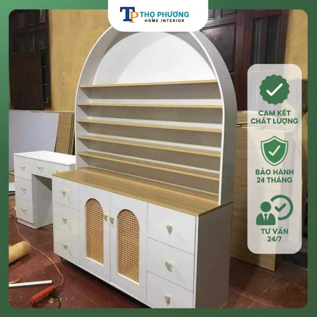 Tủ Nail Trưng Bày Gỗ MDF Phủ Melamin Vòm Cong Hiện Đại – Tính Theo Mét Dài – Kệ Trưng Bày Mỹ Phẩm Sp