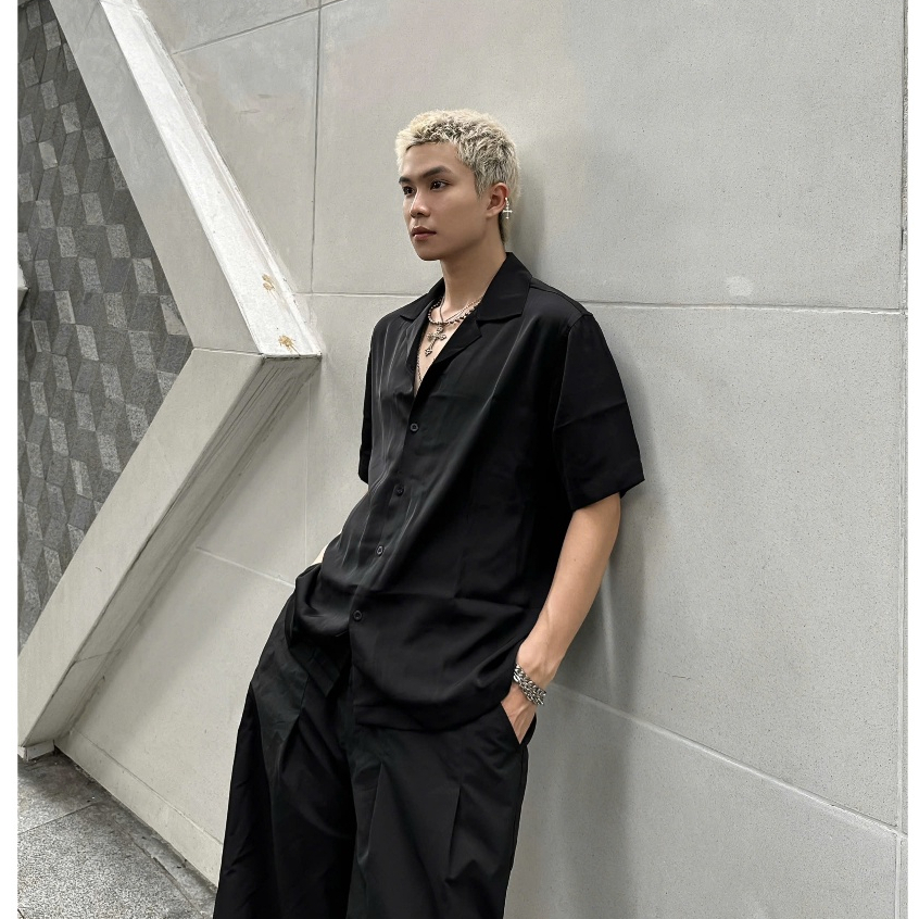 ÁO SƠ Mi ECST -  BLACK PLAIN CUBAN SHIRT - SHIRT OXFORD SILK 250 GSM