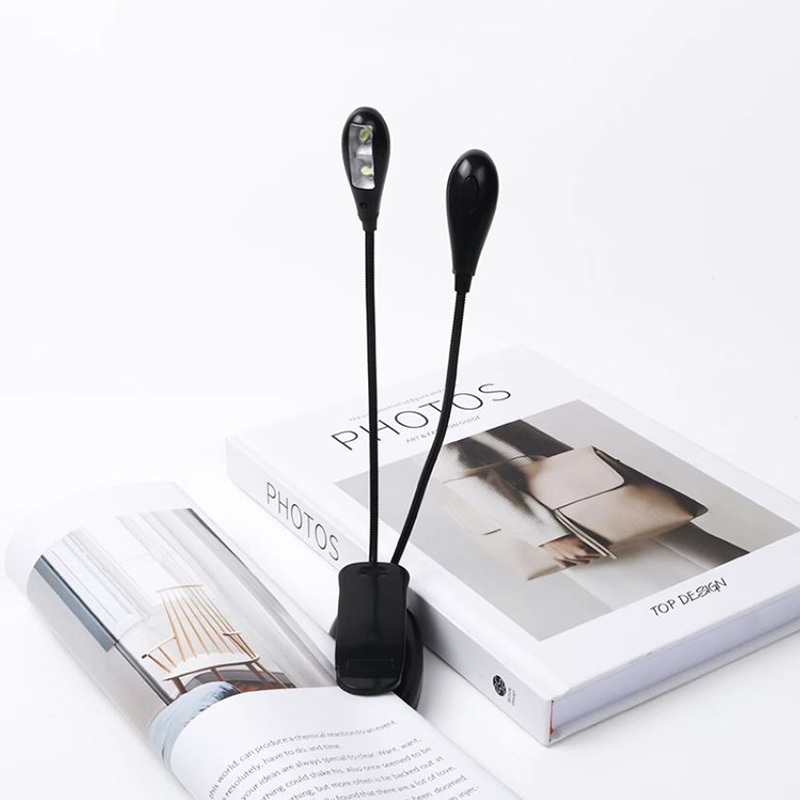 Đèn đọc sách mini V1 2 râu, 4 LED điều chỉnh độ sáng, kẹp linh hoạt, pin AAA/USB