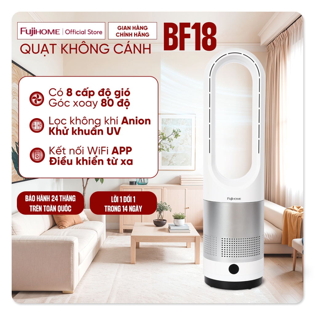 Quạt không cánh mini kèm lọc không khí Anion khử khuẩn UV kết nối WIFI Fujihome BF18 Nhập khẩu, 8 tố
