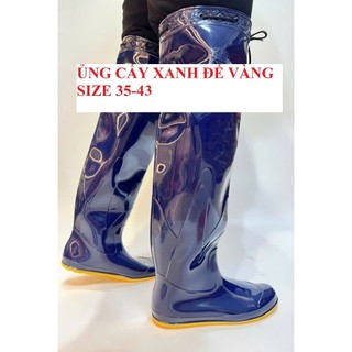 Ủng cấy dài đến đùi Hoa San xanh dương đế vàng size 35-43 có dây buộc, ủng cấy, ủng lội nước đến đùi