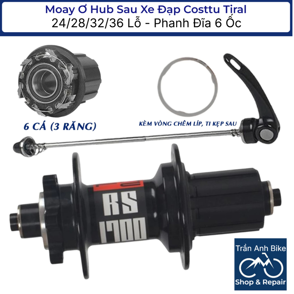 Moay Ơ (Đùm) Hub Sau Xe Đạp Costtu Tiral 24 28 32 36 Lỗ - Phanh Đĩa 6 Ốc (CỐI NỔ)