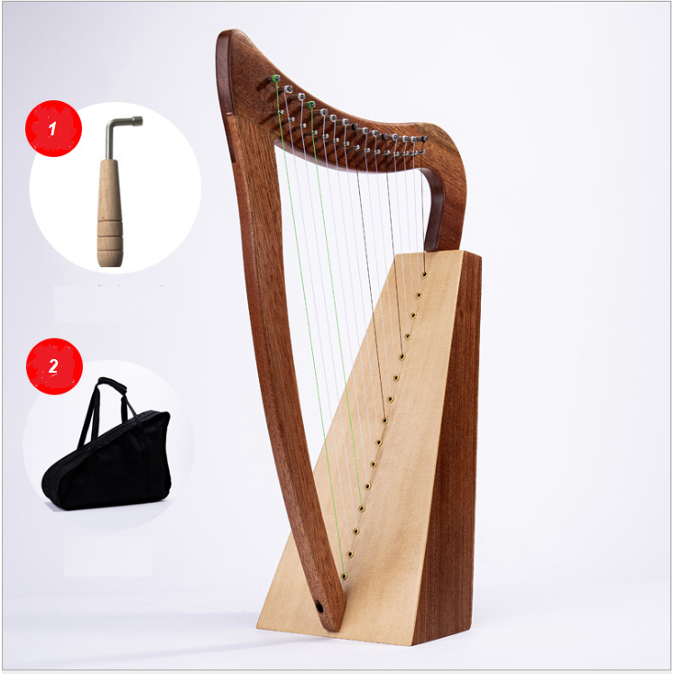 Đàn hạc 19 dây gỗ GỤ Mahogany tặng túi và cây chỉnh dây khăn lau tab dây dự phòng Miếng rửa chén sợi cước 3M Scot ENG120