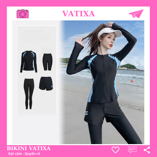 Đồ bơi nữ đi biển dài tay chống nắng phối quần nhiều kiểu DÀI, LỮNG & ĐÙI kín đáo phối sọc xanh VATIXA BKN-158