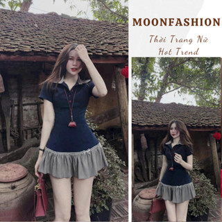 Váy nữ dáng ngắn cổ sơ mi cộc tay cúc đỏ phong cách hàn quốc, đầm nữ liền thân xòe bồng phối 2 màu ôm body siêu tôn dáng