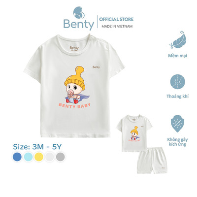 Bộ cộc tay cài vai in hình baby BENTY BT006 rayon viscose mềm mịn thoáng khí, đồ bộ bé trai, bé gái