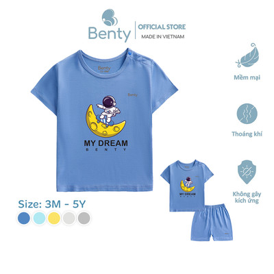 Bộ cộc tay cài vai BENTY BT004 in phi hành gia chất liệu mềm mịn, đồ bộ cao cấp bé trai bé gái
