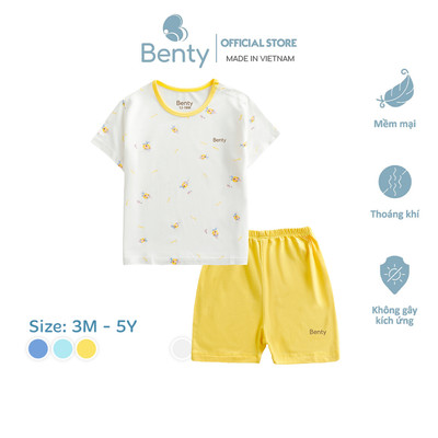 Bộ cộc tay cài vai họa tiết dễ thương BENTY cho bé trai bé gái, quần áo trẻ em mềm mịn mát