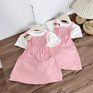  Sét Váy Yếm Bé Gái Dễ Thương -Yếm Bé Gái Siêu Xinh 2 Chi Tiết Áo Coton Thêu Nơ Phối Yếm KaKi Hồng Mềm Đẹp Kèm Gấu 8-30KG 
