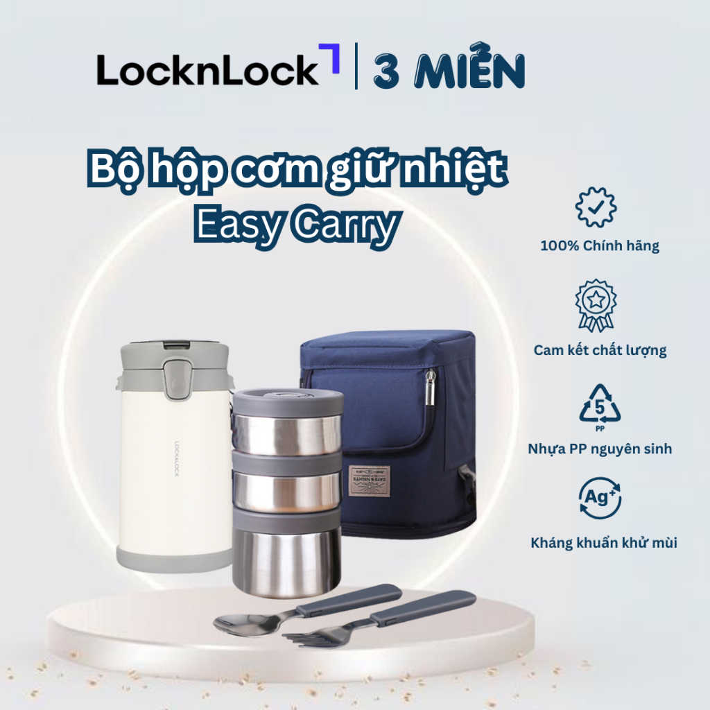 [LHC8039] Bộ hộp cơm giữ nhiệt Lock&Lock EASY CARRY 3 ngăn, kèm túi đeo được và bộ muỗng nĩa tiện dụ