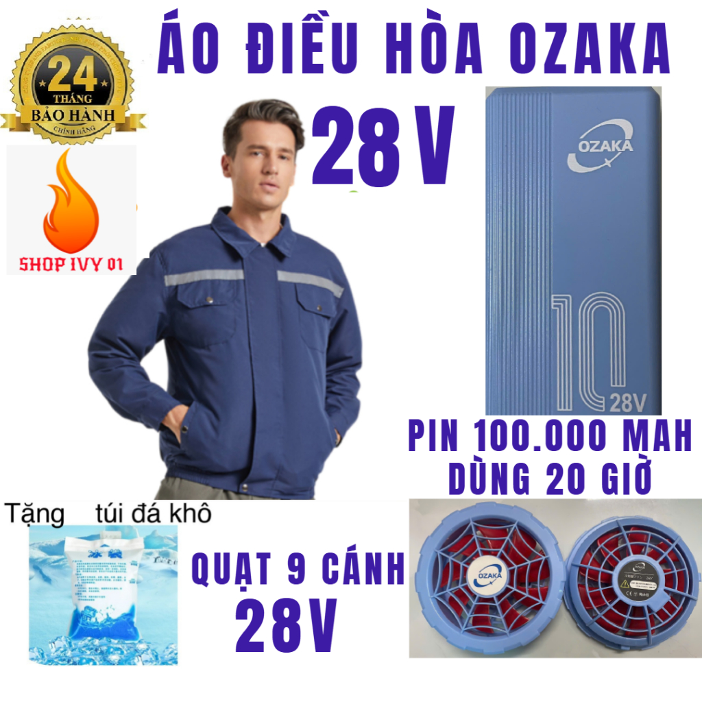 Áo điều hòa nhật bản cao cấp 28V pin 100.000mAh TẶNG KÈM ĐÁ KHô  DÙNG 24H  QUẠT 9 cánh  bh 24 tháng