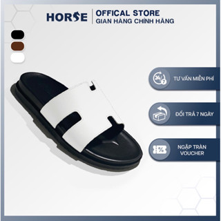    Horse Store   - Dép Da Bò Chữ H Quai Ngang Thời Trang Nam Nữ  Đế Cao Su Lót Đế Êm 3 Màu Đen Trắng Nâu - H01A 