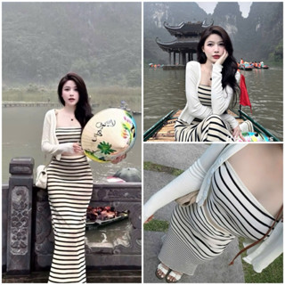 [ Hàng Sẵn ] Set 3 Món Bộ Kẻ Sọc Đen Kèm Áo Khoác Ngoài , Set Váy Mùa Hè Mặc Đi Biển Sang Chảnh Xinh Xắn