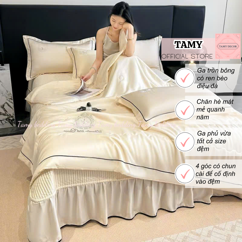 Set chăn ga trần bông ren bèo công chúa Tamy Bedding bộ đã trần bông 4 món điệu đà Bedding phòng đẹp