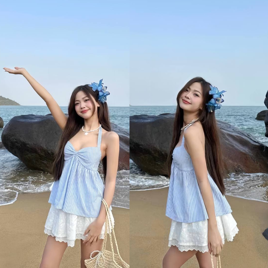 Set Đồ Nữ Đi Biển, Set Áo Kẻ Xanh Phối Chân Váy Trắng Thêu Hoa Viền Ren Sang Chảnh Cho Nàng Đi Chơi, Du Lịch Sang Chảnh