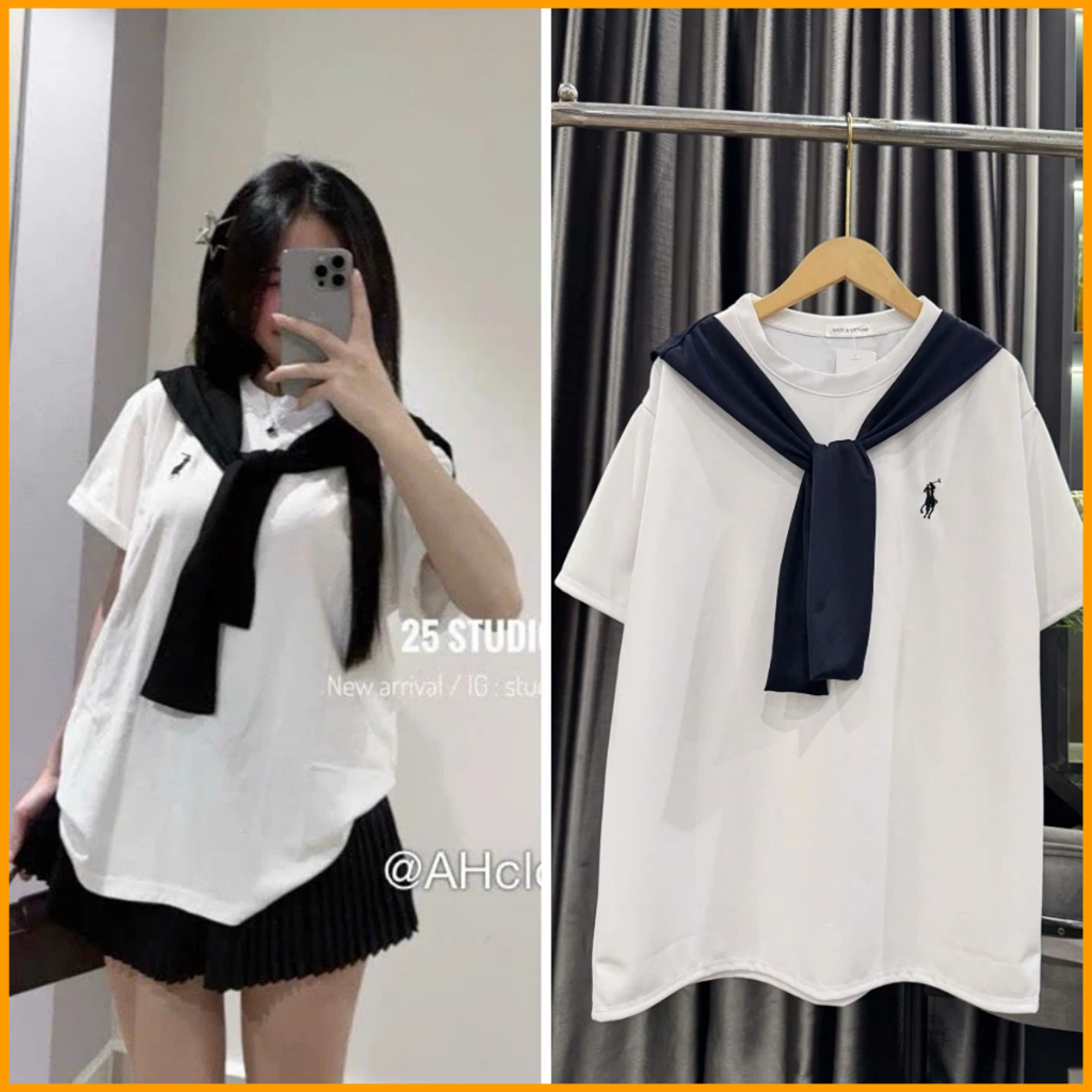 Áo phông thủy thủ tay lỡ phối khăn quàng thêu logo ngựa chất cotton co giãn thoáng mát unisex cá tính | BigBuy360 - bigbuy360.vn