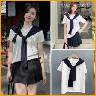  Áo phông thủy thủ tay lỡ phối khăn quàng thêu logo ngựa chất cotton co giãn thoáng mát unisex cá tính 