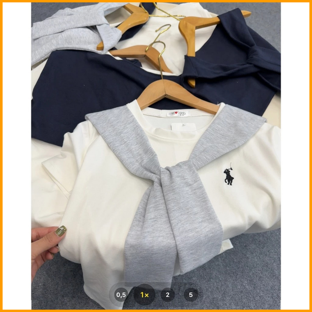 Áo phông thủy thủ tay lỡ phối khăn quàng thêu logo ngựa chất cotton co giãn thoáng mát unisex cá tính | BigBuy360 - bigbuy360.vn