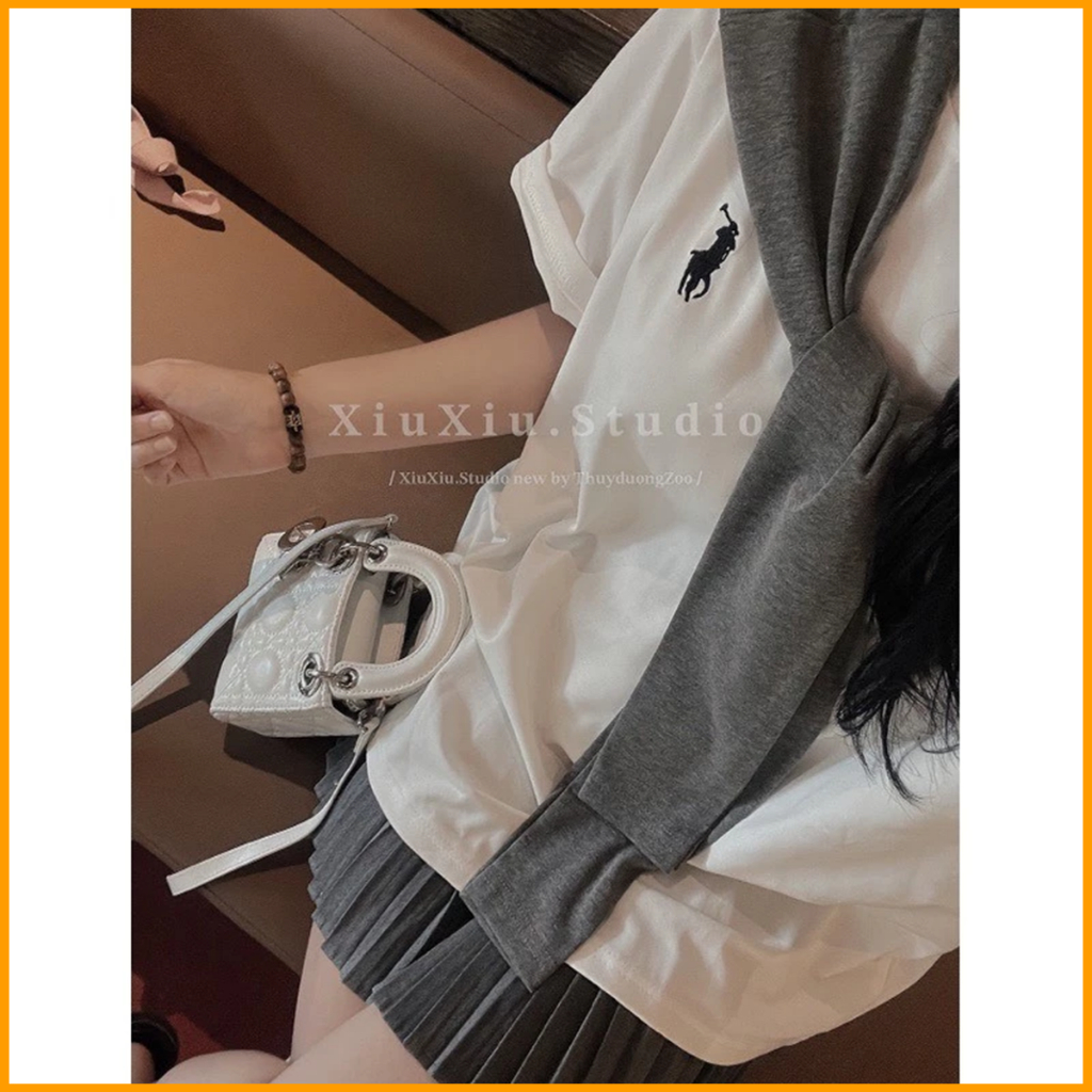 Áo phông thủy thủ tay lỡ phối khăn quàng thêu logo ngựa chất cotton co giãn thoáng mát unisex cá tính | BigBuy360 - bigbuy360.vn