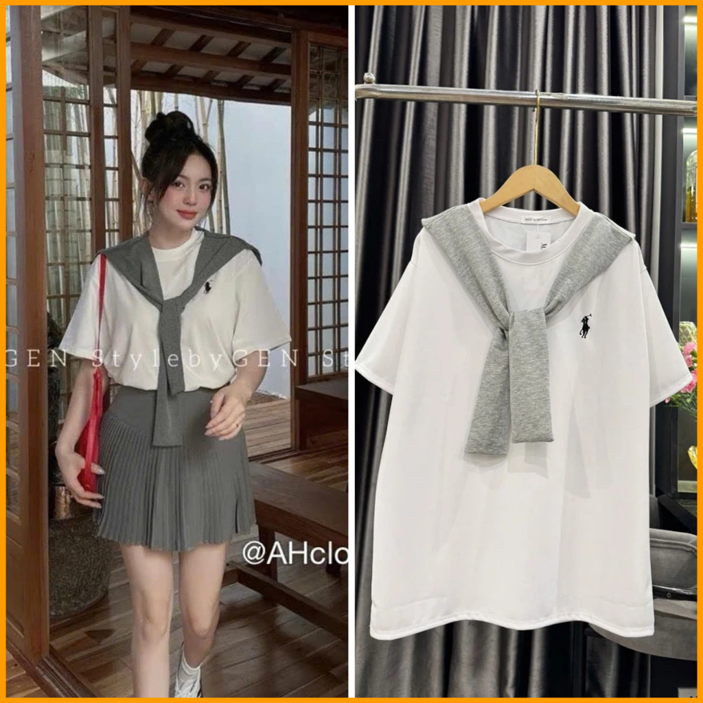 Áo phông thủy thủ tay lỡ phối khăn quàng thêu logo ngựa chất cotton co giãn thoáng mát unisex cá tính | BigBuy360 - bigbuy360.vn