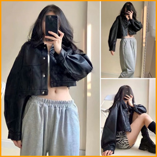  Áo khoác da nữ croptop form rộng basic màu đen phong cách Hàn Quốc dễ phối đồ chất da mềm không bong tróc 