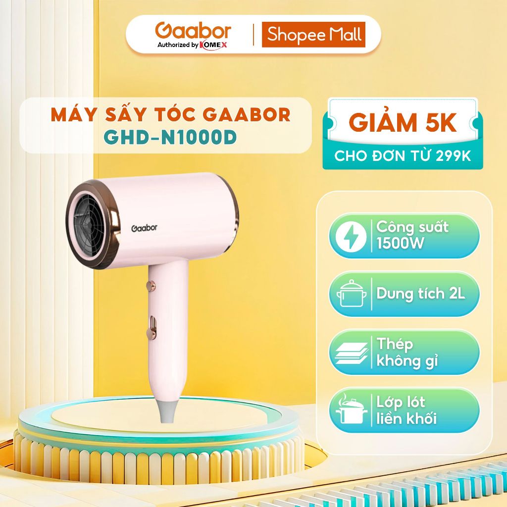 Máy Sấy Tóc Gaabor GHD-N1000D 1000W, tiếng Ồn Thấp, Ánh Sáng Xanh, Ba Tốc Độ Điều Chỉnh  mang đi du lịch dễ dàng
