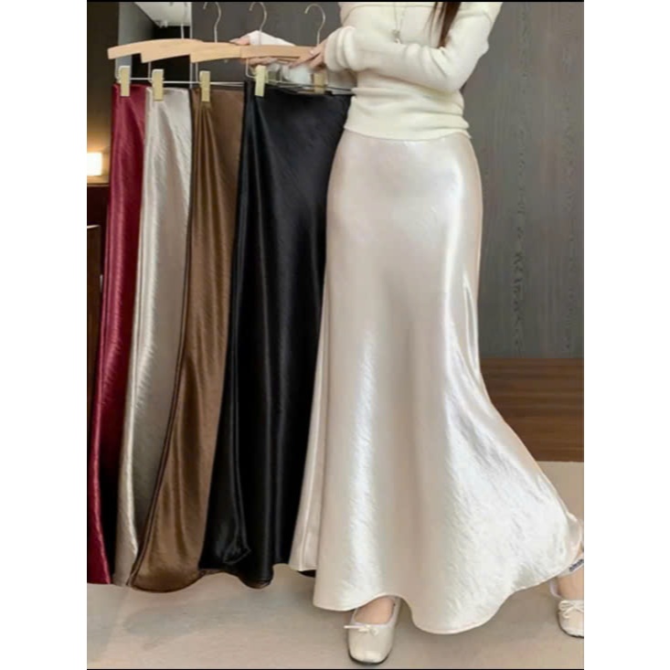 Chân váy lụa đuôi cá dáng dài chữ a cạp cao chất ruby mềm phong cách công sở classic sang trọng CV33 DELIZ