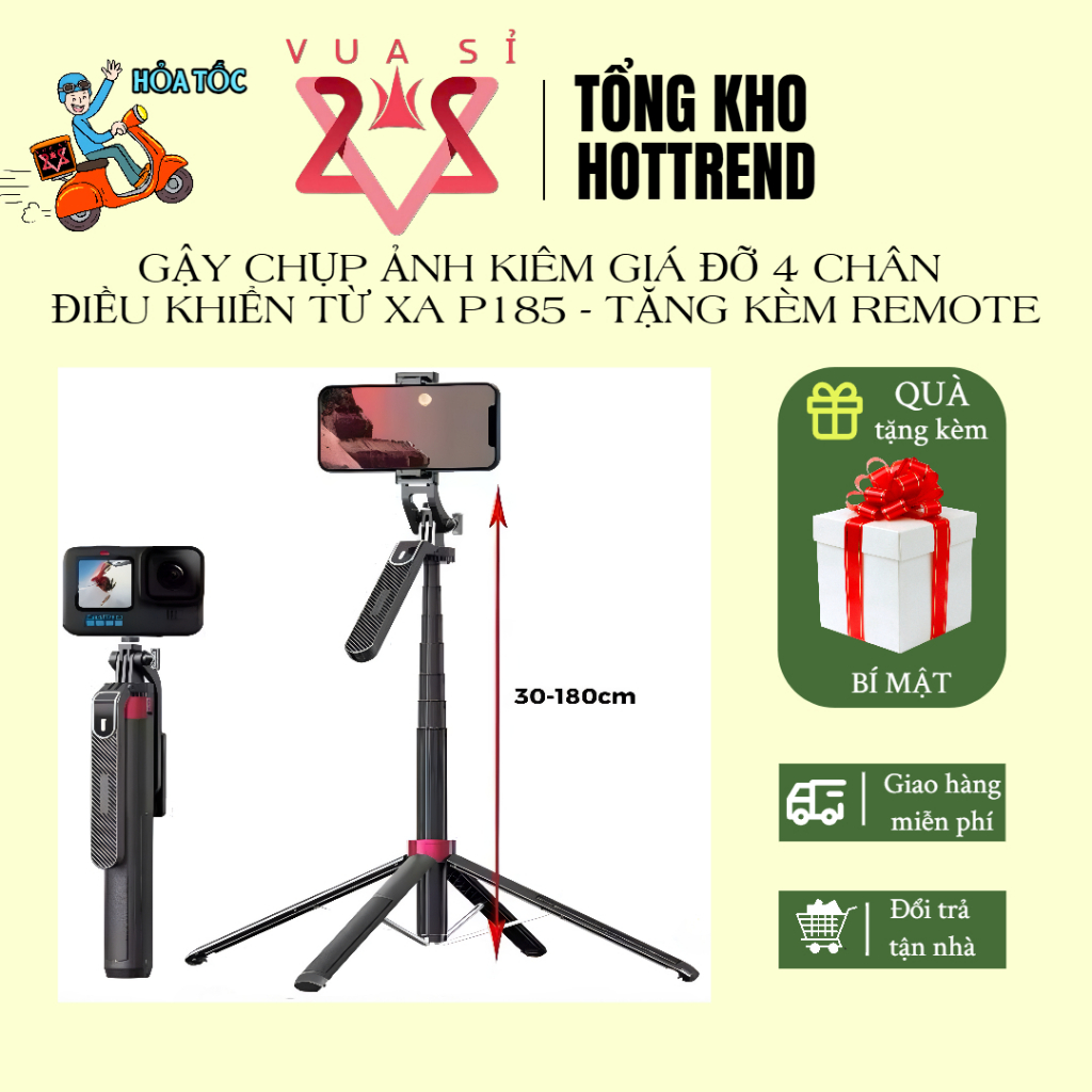 Gậy Chụp Ảnh 4 Chân P185-Gậy Selfie-Tripod Điện Thoại Livestream, Quay phim, Tặng Kèm Remote, Chiều 