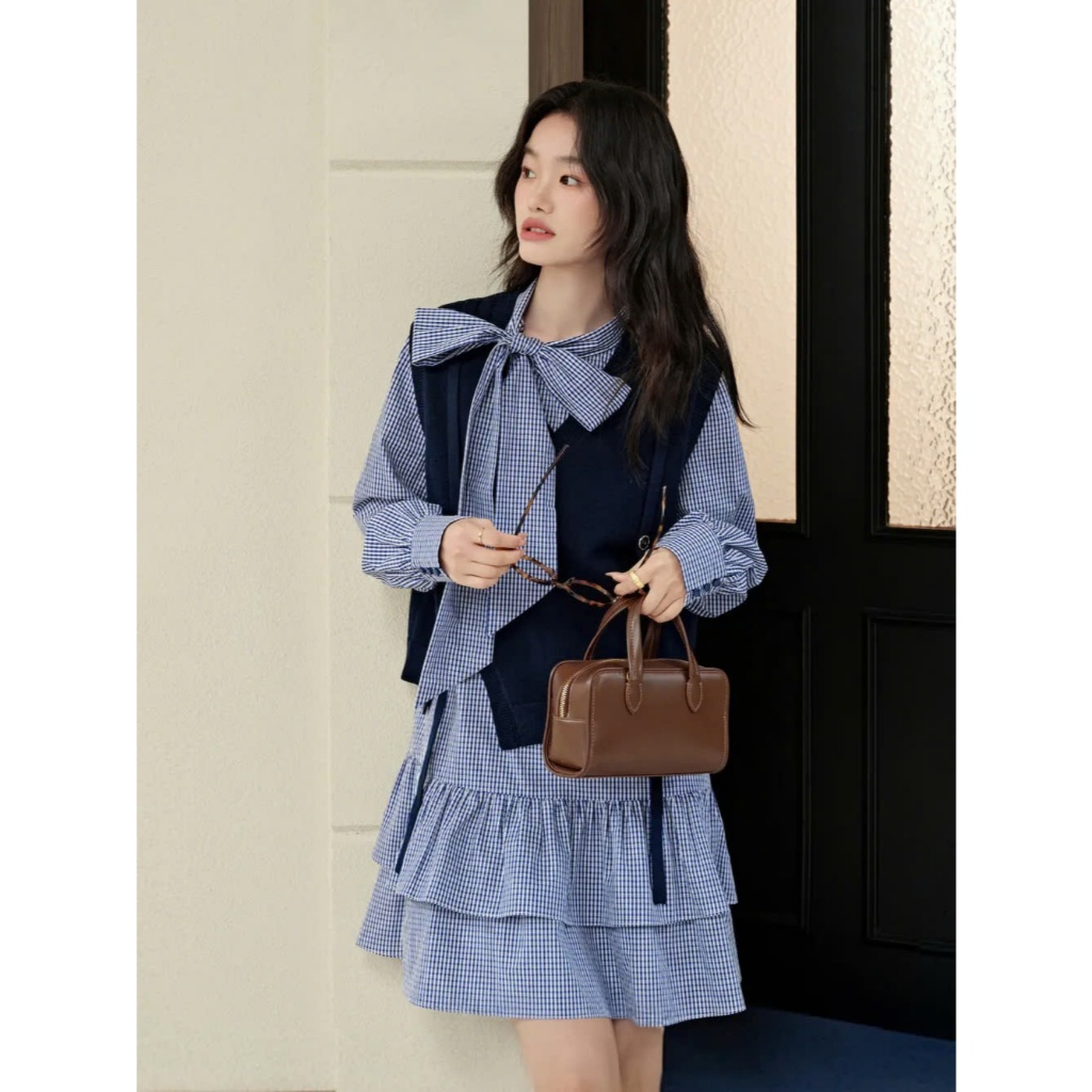 [SẴN VÁY L] Set áo gile & váy kẻ caro Kuose