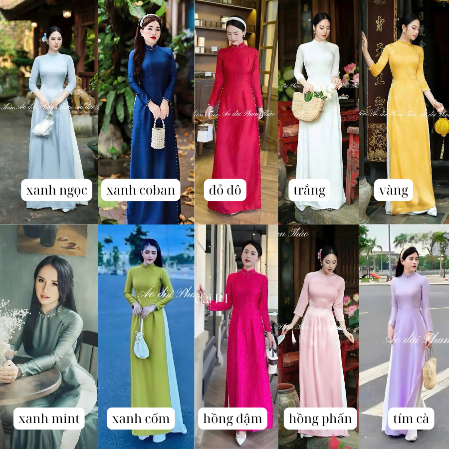 Bộ áo dài lụa gấm vân gỗ , form ôm truyền thống cổ 2P phối viền ngọc nhiều màu - VG