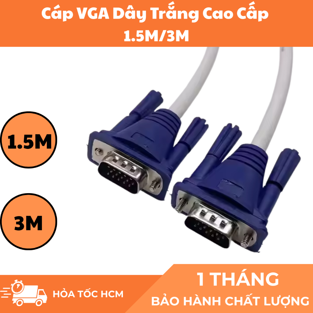 Cáp VGA Dây Trắng Cao Cấp – Truyền Tín Hiệu Màn Hình Máy Tính, Laptop, PC, Máy Chiếu,...