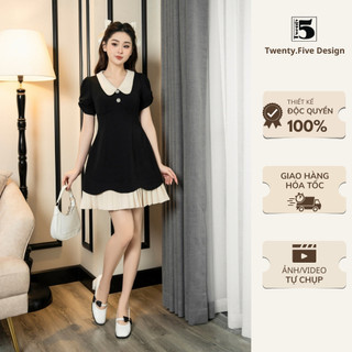 Đầm thiết kế cho nữ dáng xòe xếp ly dưới phổi cổ trắng đính hoa đá sang trọng Twenty.Five DL11