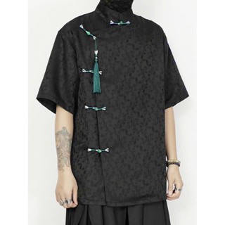  Áo shanghai gấm họa tiết Pha Lê mix nút ngọc xanh cổ điển 