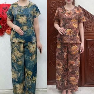 Bộ Lụa Hàn Châu Cho Mẹ Chất Liệu Lụa Mịn Mát Bộ Đồ Trung Niên Quần Dài Tay Ngắn Hoa Văn Sang Trọng