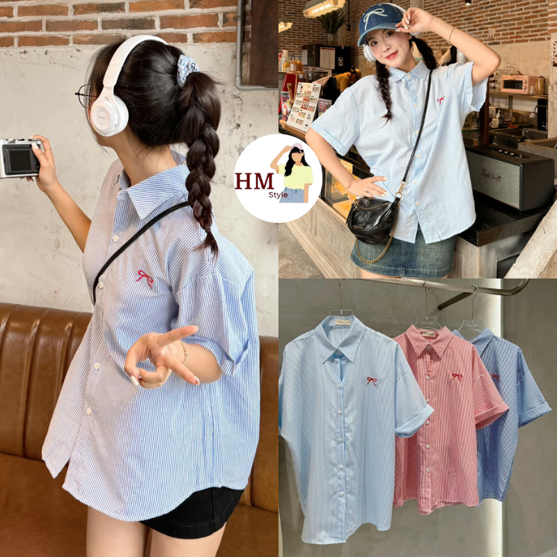 Áo sơ mi tay ngắn thêu nơ xinh phong cách basic áo sơ mi form rộng chất kate sọc mát ít nhăn HA90 | BigBuy360 - bigbuy360.vn