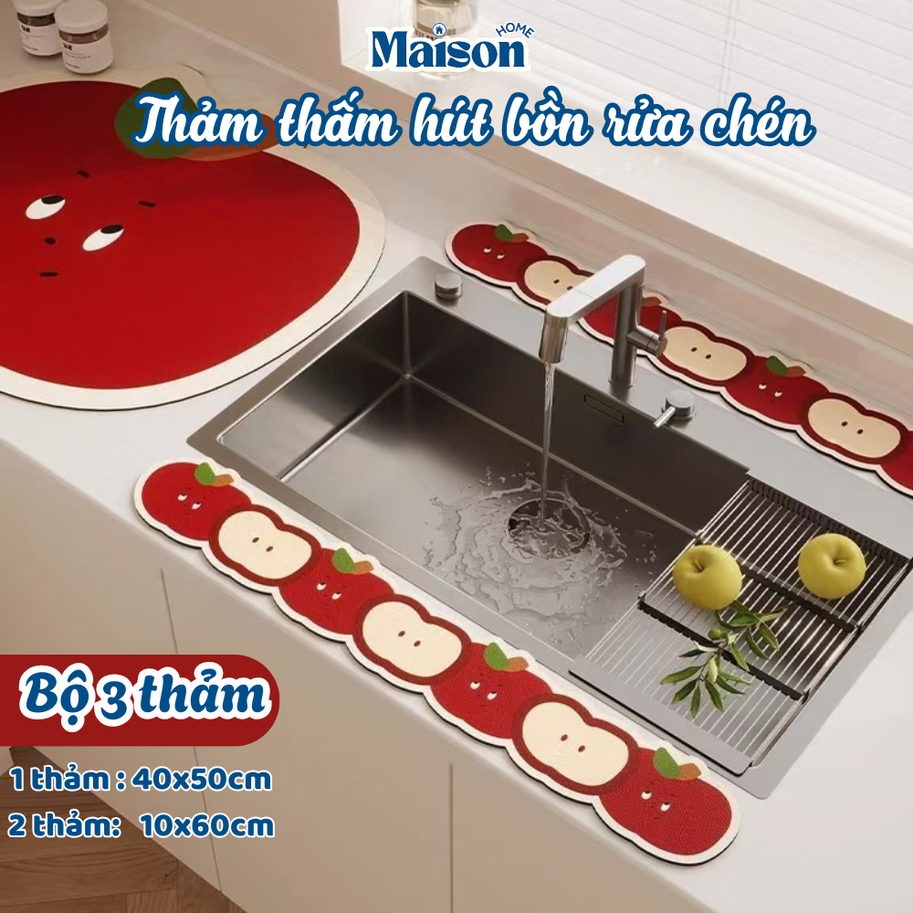 Bộ 3 Thảm Thấm Hút Nước Bồn Rửa Bát MAISON Thảm Hút Nước Nhanh Khô Chất Liệu Da Napas Chống Trượt
