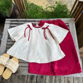 Bà ba cho bé gái chất gấm lụa satin vân nổi, Bộ quần áo bà ba cho bé phối nơ xinh xắn dễ thương BB03 - BIATONKIDS